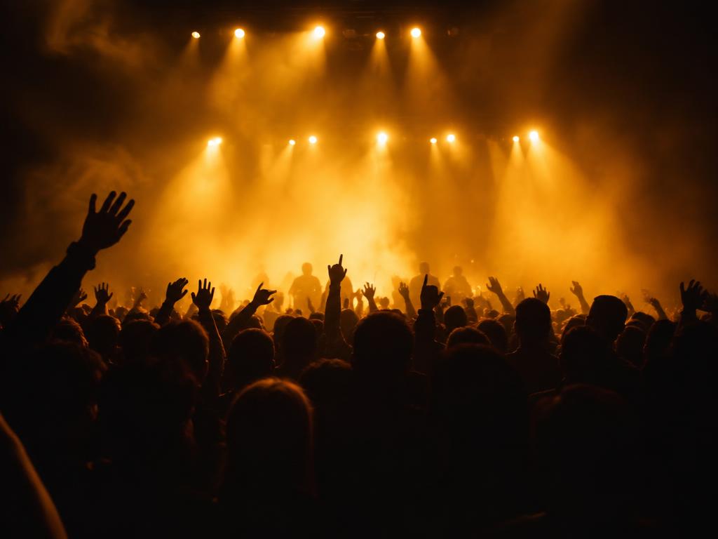 Crowd with raised hands beneath golden stage lights