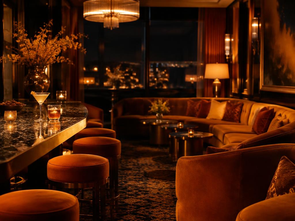 A dimly lit lounge with velvet seating and cocktails on a marble bar