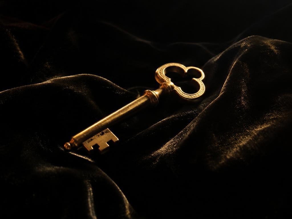 An antique brass key resting on black velvet