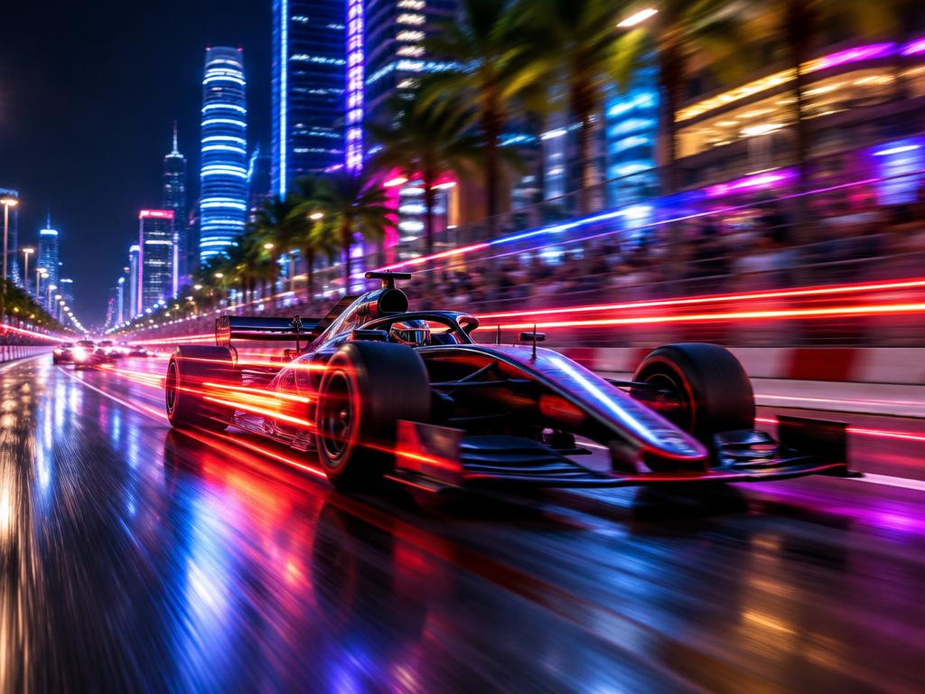 A race car speeding down a neon-lit city street at night